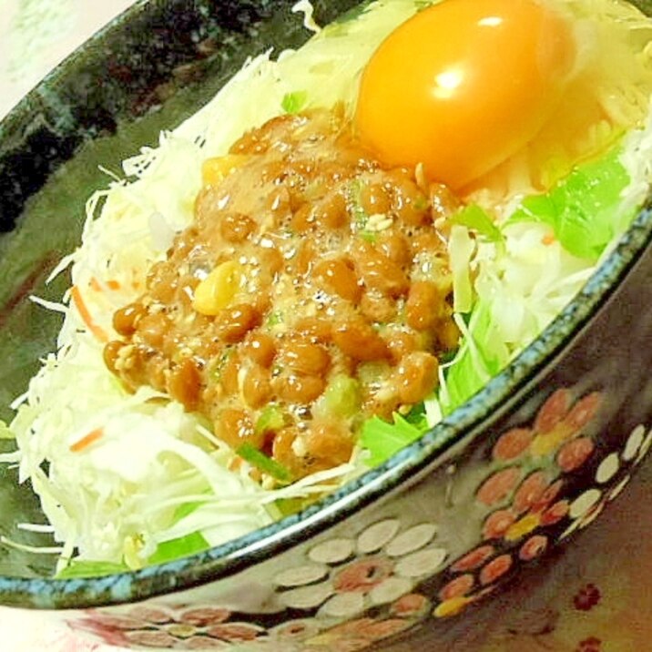 シャキ×２❤野菜と葱コーンの山葵卵掛けご飯＋納豆❤